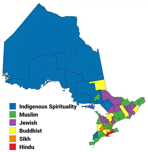 Largest non-Christian religion in Ontario by census division, 2001 census