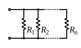 A diagram of several resistors, side by side, both leads of each connected to the same wires.