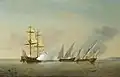 A Royal Navy sloop, H.M.S. Greyhound, in action with two heavily-armed Spanish galleys (Date unknown)