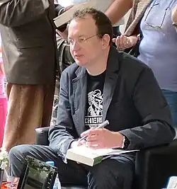 Muchamore at a CHERUB book signing in Lisbon, Portugal (2011)