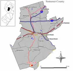 Location of Rocky Hill in Somerset County highlighted in yellow (right). Inset map: Location of Somerset County in New Jersey highlighted in black (left).
