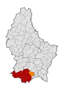 Map of Luxembourg with Roeser highlighted in orange, and the canton in dark red