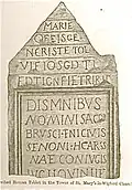 RIB 262[29] Tombstone of Sacer, son of Bruscus, a citizen of the Senones, set into the church tower of St Mary le Wigford, Lincoln.
