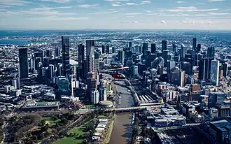 Aerial view of Melbourne CBD from the East, Aug 2021