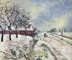 Route Enneigée avec maison, environs d'Éragny, 1885. Private Collection, Germany. Courtesy of Stern Pissarro Gallery.[70]