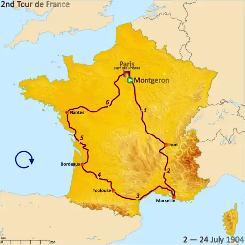 Map of France with the route of the 1904 Tour de France on it, showing that the race started Montgeron (close to Paris), went clockwise through France and ended in Paris after six stages.