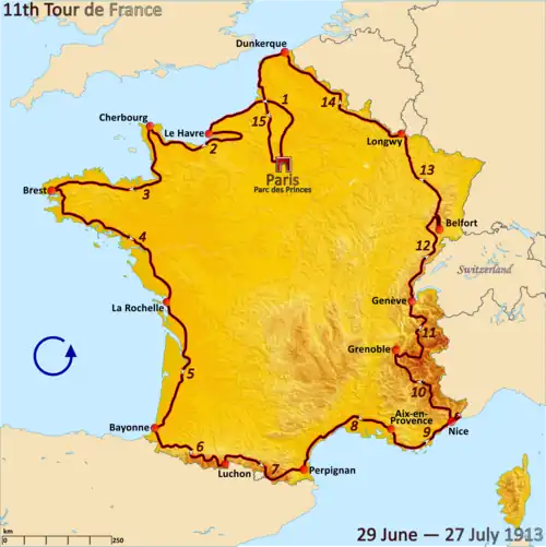 Map of France with the route of the 1913 Tour de France on it, showing that the race started in Paris, went clockwise through France and ended in Paris after fifteen stages.