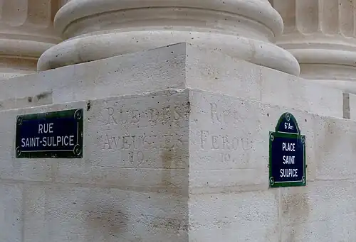 Former "Rue des Aveugles" marking on Saint-Sulpice Church