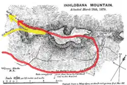 see caption, Buller's route passes first to the south of the mountain; Russell's party ascends Ntendeka from the west, and reaches Devil's Pass before turning and withdrawing westward.
