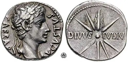 Ancient Roman coin depicting Augustus on the obverse with a commemoration to his adoptive father, Julius Caesar, on the reverse
