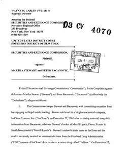 First page of the SEC’s civil complaint against Martha Stewart and Peter Bacanovic, filed June 4, 2003.