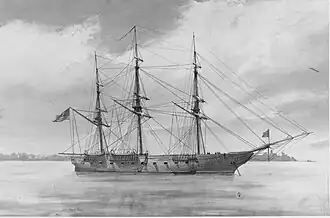A detailed pencil sketch of Savannah in calm waters seen from the side. She only has one gun deck and is fitted with three masts.