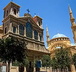 Saint George Maronite Cathedral and Mohammad Al-Amin Mosque side by side in Downtown Beirut