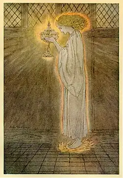 "How at the Castle of Corbin a Maiden Bare in the Sangreal and Foretold the Achievements of Galahad", from The Romance of King Arthur and His Knights of the Round Table, by Alfred W. Pollard, 1917