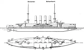 The ship had four smoke stacks between a pair of tall pole masts. A twin gun turret was positioned on either end of the superstructure, which bristled with guns