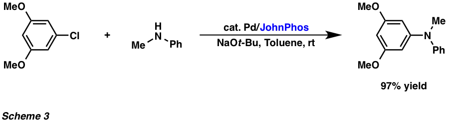 An example of the catalytic amination of an aryl chloride with N-methylaniline at room temperature.