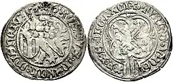 Pfahlschildgroschen Frederick II the Meek with Landgrave Frederick the Peaceful of Thuringia and his brother Sigismund, Freiberg Mint, 1431–1436
