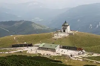 Elisabeth church and Schneeberg Railway station on Schneeberg