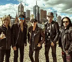 Scorpions in Melbourne, Australia, in 2016 during the 50th Anniversary World Tour: (from left to right) Mikkey Dee, Matthias Jabs, Klaus Meine, Rudolf Schenker and Paweł Mąciwoda.