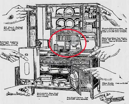 advertisement for a Hoosier cabinet made by Sellers & Sons with glass containers circled