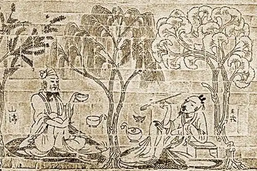 Detail of moulded-brick relief "Seven Sages of the Bamboo Grove and Rong Qiqi", from a tomb near Nanjing, c. 400 AD