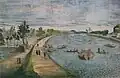 Riverside scene with figures strolling along curved embankment while small boats drift on water