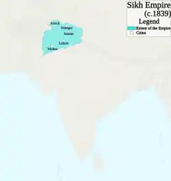 The Sikh Empire c. 1839, at the time of Ranjit Singh's death