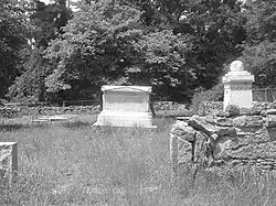 a black and white image of two graves in long grass, surrounded by cobblestone walls.