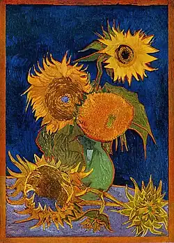 Still Life: Vase with Five Sunflowers (F459), second version: royal-blue background Oil on canvas, 98 × 69&nbsp;cm Formerly private collection, Ashiya, Japan, destroyed by US air raid of World War II on 6 August 1945[11]