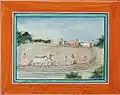Six ox-ploughs at work in one field, by Kapur Singh, ca.1865