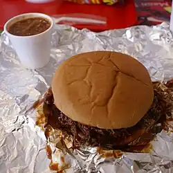 BBQ beef sandwich and smoked beans