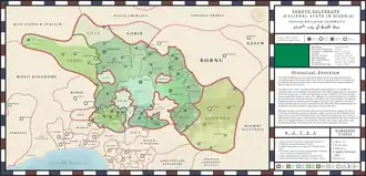 Map of the Sokoto Caliphate in green, with the Lamidate of Tibati in the southeast