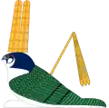 drawing of Sopdu as a reclining falcon with a flail and feathered headdress