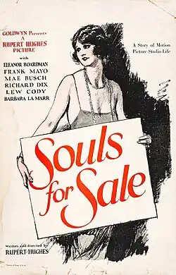 An illustration of a woman holding a large sign reading "Souls for Sale" in bold red letters