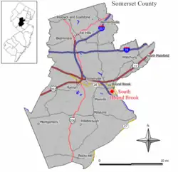 Location of South Bound Brook in Somerset County highlighted in yellow (right). Inset map: Location of Somerset County in New Jersey highlighted in black (left).