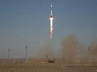 Soyuz TMA-16 launches from Gagarin's Start on 30 September 2009, on its way to the International Space Station.