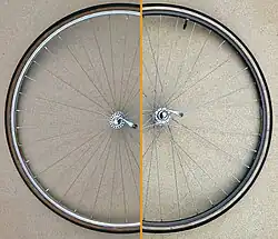 Bicycle wheels with a radial spoke pattern (left) and three cross (right)