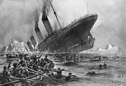 "Untergang der Titanic", a painting showing a big ship sinking with survivors in the water and boats
