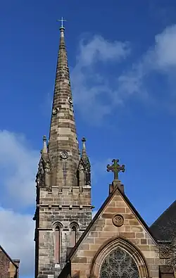 This is a photograph of the spire of St Benedict's Catholic Church on the Blackfriars site.
