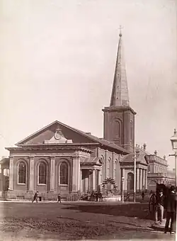 An elegant church in the Georgian style with a spire