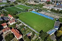 An aerial view of a medium sized football field