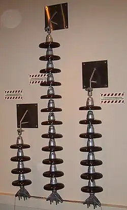 High-voltage strain insulators used on 66 kV, 230 kV and 115 kV AC lines. The number of insulator skirts varies with voltage and atmospheric conditions.