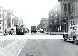 A streetcar on an urban street