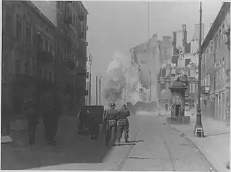 IPN copy #37 Fight against a resistance pocket Cannon on Zamenhofa Street shooting North at resistance in Gęsia 20 building.