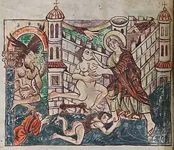 Cross-legged devil figure with a snake, depicted in the Stuttgart Psalter.