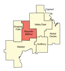 Location of Rayside-Balfour (red) compared to the rest of the Sudbury Region until 2000.