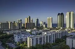 Skyline from the West in 2015. On the left side of the photo some of the oldest high rises in the city, dating to the 1960s and 1970s, can be seen.
