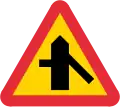 (thick is priority road) Road intersection where drivers of vehicles on the connecting road have a duty to give way Perpendicular connection from the left, 45-degree connection from the right