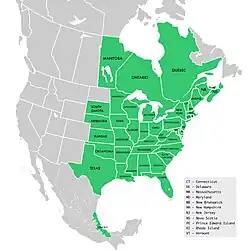 Symphyotrichum lateriflorum native distribution: Canada — Manitoba, New Brunswick, Nova Scotia, Ontario, Prince Edward Island, and Québec; Mexico — Veracruz; US — Alabama, Arkansas, Connecticut, Delaware, District of Columbia, Florida, Georgia, Illinois, Indiana, Iowa, Kansas, Kentucky, Louisiana, Maine, Maryland, Massachusetts, Michigan, Minnesota, Mississippi, Missouri, Nebraska, New Hampshire, New Jersey, New York, North Carolina, Ohio, Oklahoma, Pennsylvania, Rhode Island, South Carolina, South Dakota, Tennessee, Texas, Vermont, Virginia, West Virginia, and Wisconsin.