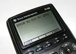 A TI-86 displaying the message: ERROR 02 DIV BY ZERO